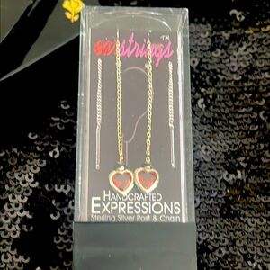 Sterling Silver 925 EarStrings Threading Earrings w/Red Crystal Dangling Hearts